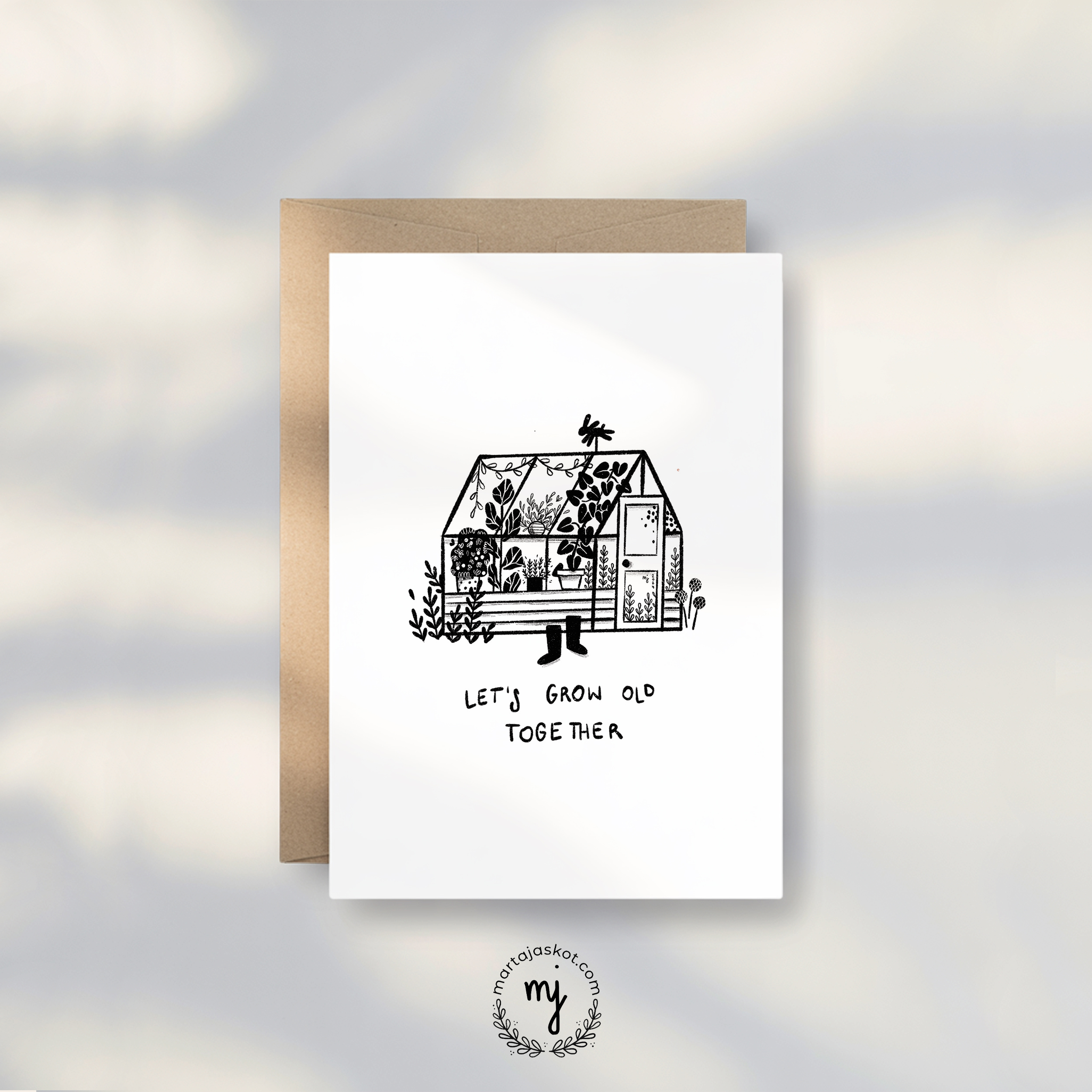 Hand-drawn, a little wonky, black-and-white glasshouse filled with botanical plants, a quirky rabbit weathervane, and a pair of wellies, this playful design beautifully frames the handwritten message: "Let's grow old together."
Perfect for an anniversary, Valentine's Day, a wedding, or simply a heartfelt note to your husband, wife, or partner. If you are part of a garden-loving couple, this high-quality, eco-friendly card provides a beautiful, sentimental canvas for your love letter.